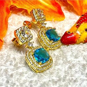 Gold and blue topaz evening earrings -dress up/classy